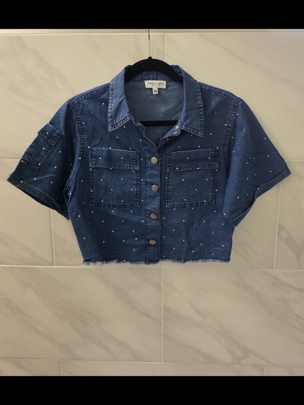 Embellished Cropped Denim Button-Up Jacket - Dark Blue